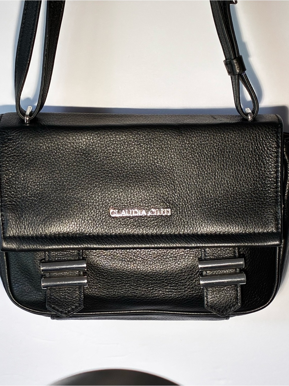Claudia Ciuti Black Pebbled Shoulder Bag Silver Hardware Minimalist Purse